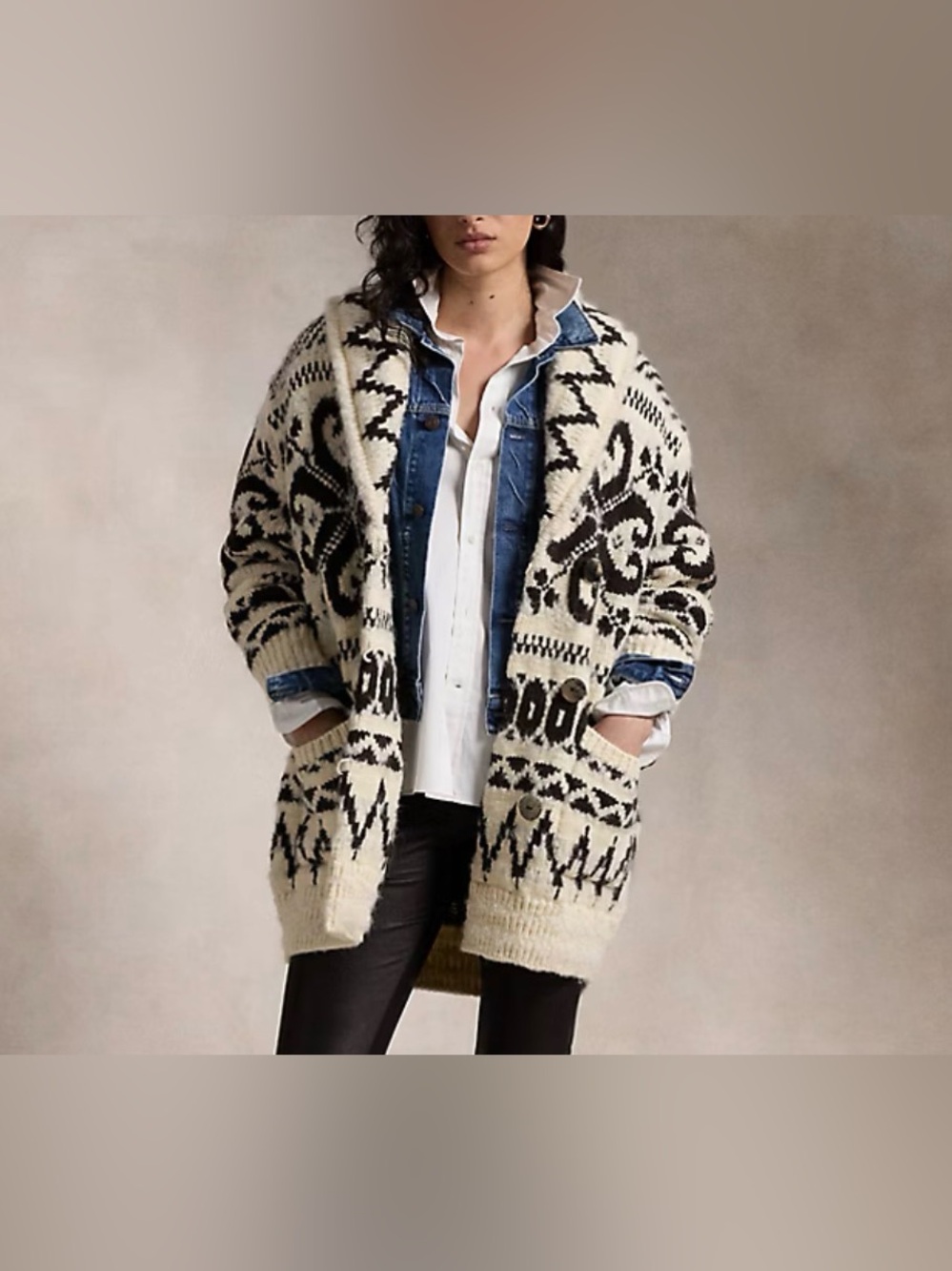 Polo Ralph Lauren Wool Blend Shawl Collar Cardigan Cream Brown Sz Large NWT - Picture 2 of 9